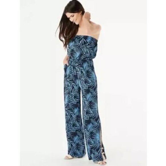 G.I.L.I. Womens Blue Palm Leaf Print Jetsetter Strapless Jumpsuit Size S - Picture 1 of 16